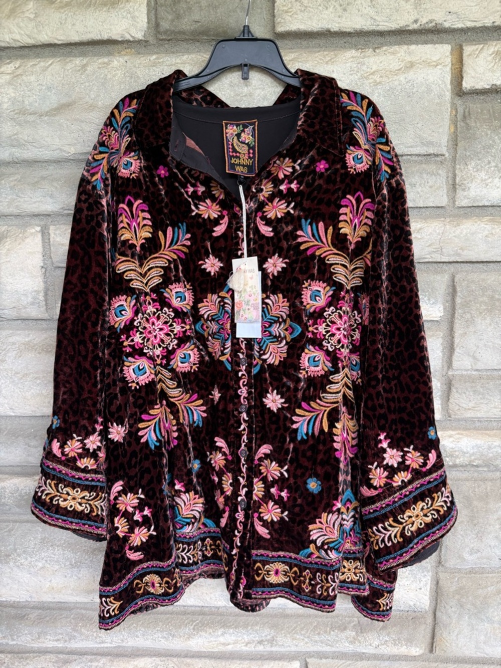 Johnny Was XXL Brandi Embroidered Kimono Sleeve Shirt Misty Leopard Velvet NWT - Picture 2 of 6